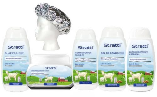 Pack mantenimiento Stratti Leche de Cabra, D-Pantenol & Keratina 6 productos - Champú + Mascarilla + Acondicionador + Gel de baño + Loción corporal + Gorra térmica