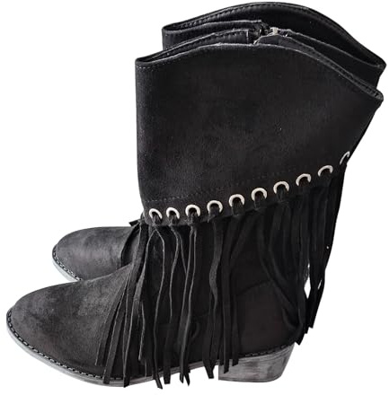 Stövletter dam med blockklack, damstövlar med fransar vintage cowboystövlar eleganta damstövlar kort skaft västerländska stövlar klassiska övergångsstövlar vinter halkfria cowboystövlar