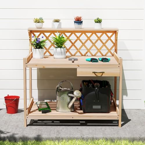 COSTWAY Pflanztisch mit Rankgitter, Gärtnertisch Holz mit Arbeitsplatte, Schublade & 2 Ablagen, Garten Arbeitstisch Tannenholz, für Garten Balkon Terrasse, 90 x 59 x 88 cm, Natur