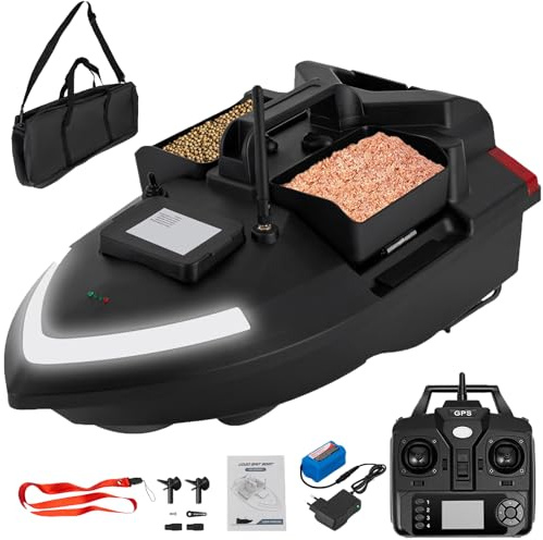 CHERIKIU Barco de cebo RC de 500 m con GPS y 3 cajas de cebo, ABS cebo de pesca barco mando a distancia barco de alimentación cebo de pesca cebo de pesca cebo de pesca, faro y batería de 12000 mAh