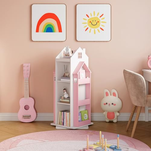 [en.casa] Scaffale Girevole per Cameretta a Forma di Casetta Libreria Rotante per Bambini con Ripiani e Porta Libri Laterali 108x40x40 cm Rosa/Bianco