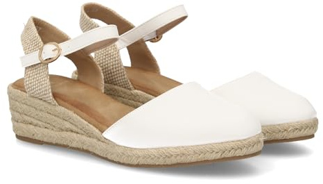 100269 Sandalia Alpargata de mujer con cuna de esparto y puntera cerrada, talon abierto con cierre de hebilla. Cuna baja con plataforma ligera ideal para uso diario en primavera verano Blanco Talla 38