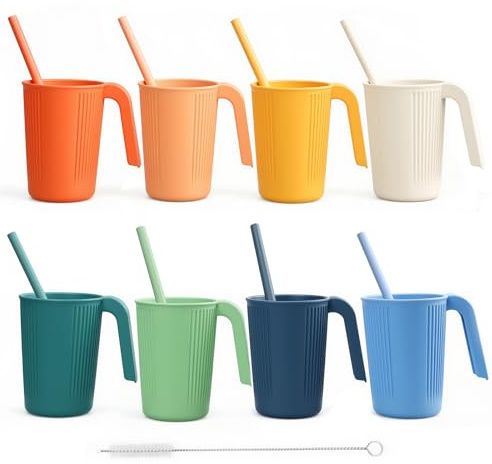 Hossejoy 8 Cups Reusable Plastic Handle Cups, Stackable Camping/Home Unbreakable Mugs with 8 Straws & 1 Straw Brush, Dishwasher & Microwave Safe