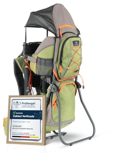 DROMADER Mochila Portabebé Montaña | Portabebés Senderismo con Visera | Marco de aluminio, asiento acolchado · Sistema de transporte 3D Opti-Fit regulable · Hasta 22 kg · Verde oliva