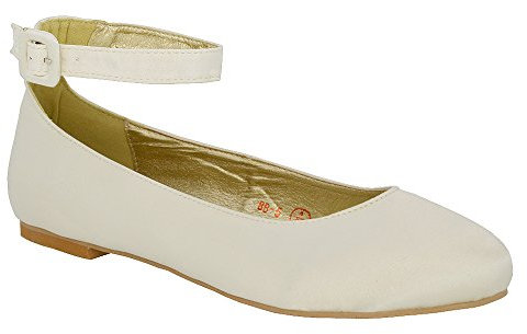 Womens Flat Ankle Strap Ballet Pumps Ladies Ballerina Party Bridal Smart Shoes Shoes 3-8 Ivory Satin