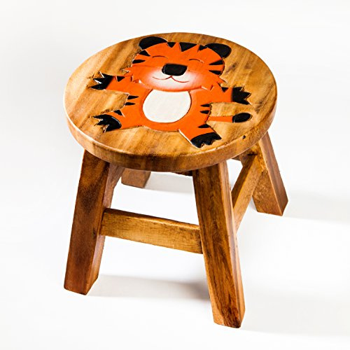 Tabouret pour enfant en bois massif avec motif animal tigre - Hauteur d'assise : 25 cm