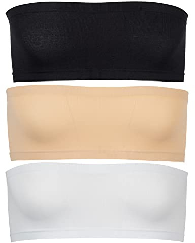 Popular Girls Strapless Bandeau Bra - Seamless Girls Training Bras for Teens. Sports Tube Top Bra 8-14 Age. 3 Pack Nude, Black, White