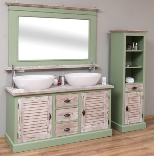 Casa Padrino Landhausstil Badezimmer Set Grün/Naturfarben - 1 Doppelwaschtisch & 1 Wandspiegel & 1 Regalschrank - Massivholz Badezimmer Möbel im Landhausstil
