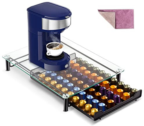 Myiosus Support Capsule Nespresso pour 60 Capsules, Tiroir de Rangement Capsules Nespresso avec Présentoir en Verre, Distributeur de Machine à Café pour Cuisine + 1 Chiffon de Nettoyage