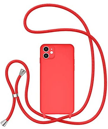 UEEBAI Crossbody Lanyard telefonfodral för iPhone 11 6,1 tum, silikon telefonskydd med justerbart halsbandsrem mjukt bälte nacksnöre snodd stöttåligt skyddsfodral – röd