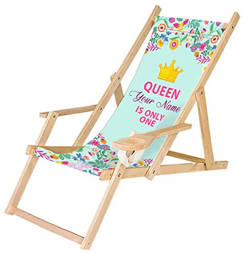 Ferocity Personalisierbarer Holz-Liegestuhl Klappbar Klappliegestuhl mit Armlehne und Getränkehalter Strandstuhl Motiv Königin [119]