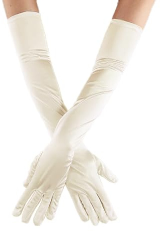 Duories Guanti da donna classici lunghi ed elastici, eleganti guanti da sera in raso, stile anni '20, gotico, opera, feste, matrimoni, spose, per feste, costumi di carnevale, colore crema