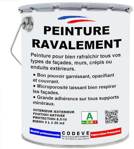 Peinture Ravalement - Codeve Bois/Ral 9002 - Blanc Gris - 5 L - Intérieur/extérieur - Pour La Protection De Votre Façade, Mur, Béton, Crépi Ou Enduit.