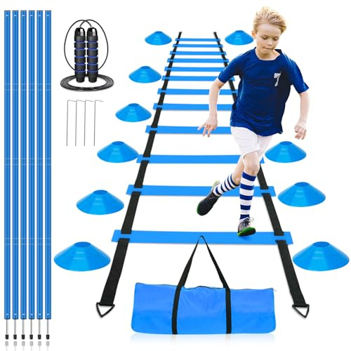 Football Training Equipment, Fitness Speed Agility Ladder Training Set, with 6 Agility Poles, Agility Ladder, 10 Soccer Cones, Jump Rope, Football Kick Trainer Set for Kids Children Adult