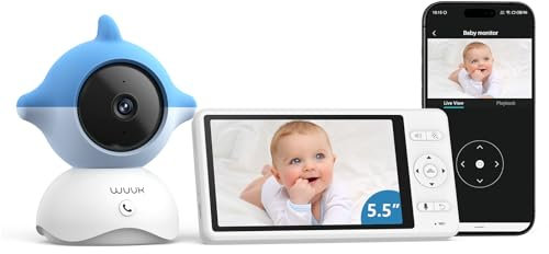 WUUK 2K-Video-Babyphone, 5,5-Zoll-Babyphone mit 360-PTZ-Farbdisplay mit 135°-Weitwinkel, 3700-mAh-Akku, Babykamera mit App, Temperatur- und Feuchtigkeitssensor, Bewegung/Tonerkennung