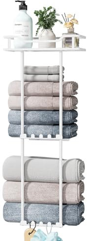 HapiRm Towel Rack Wall Mounted-3 Tier Bathroom Towel Storage with Storage Basket，Stainless Steel Bathroom Towel Holder with 6 Hooks & Shelf, wall rack for Bathroom Storage & Organisation
