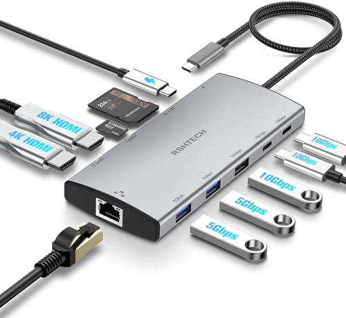 RSHTECH 11 in 1 MacBook Laptop Dockingstation mit 2 HDMI (8K und 4K), USB 3.2 und 3.0, 100W PD, SD/TF, Gigabit Ethernet - USB C Docking Station 2 Monitore - Geeignet für Windows, Linux und Mas OS