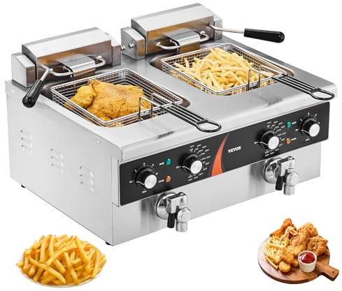 VEVOR Friggitrice Commerciale Elettrica da Banco a Doppia Vasca 3000 W, 2 Friggitrici a Olio 8,5 L con 2 Cestelli, Acciaio Inox Spesso 1 mm, Controllo Tempo Temperatura, per Uso in Cucina Ristorante