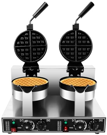 Commercial Electric Waffle Maker, 2400W Double-Head Non-Stick Belgian Waffle Maker Double-Sided Rotary Heating Pancake Machine w/Time & Temp Control for Home Kitchen Restaurant Snack Dessert