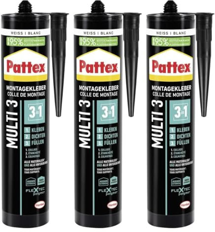 Montagekleber Weiß Multi 3-3in1 Baukleber - Kleben, Dichten, Füllen - Starker Kraftkleber für fast alle Materialien* - wetterbeständiger Baukleber für innen und außen (3 x 390g)