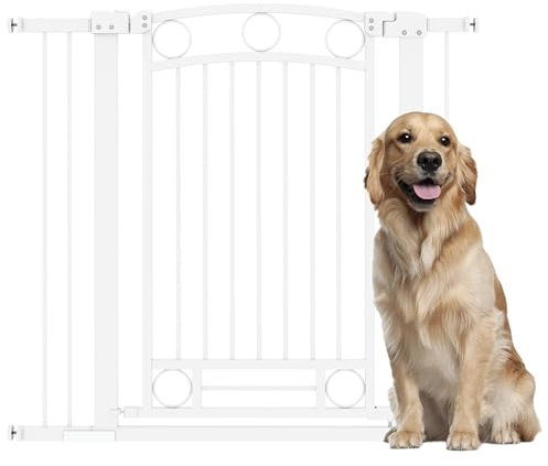 PawHut Barrera de Seguridad para Perros Extensible 76-104 cm para Puertas y Escaleras Puerta de Seguridad para Mascotas Altura 96 cm con Montaje a Presión Doble Bloqueo y 2 Extensiones Blanco