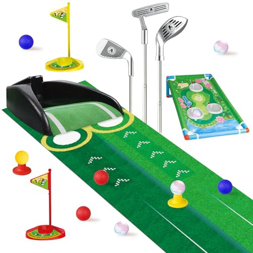 ROCKY&CHAO Minigolf Set für Kinder, 19-TLG. Golfspielzeug mit Golf Cornhole Board, 3 Schlägern, 9 Bällen (inkl. 3 LED-Bälle), Putting Matte & Automatischem Rückgabegerät, Indoor & Outdoor Spielzeug