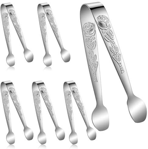6PCS Mini Serving Tongs, 4 Inch Serving Tong Kitchen Silver Small Tongs for ServingFood, Stainless Steel MiniTong for Tea Party, Appetizers, Desserts, Coffee Bar