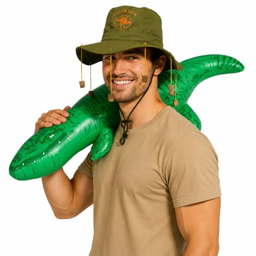 FNA FASHIONS® Adult Australian Cork Hat with 10 Corks & 90 cm Inflatable Crocodile Set | Aussie Fancy Dress Accessory Set for Australia Day, Stag Parties, BBQs, Festivals & Pool Fun