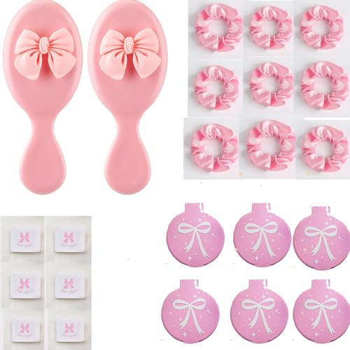 BlueRaying 12 Sets Coquette Pink Bow Party Favors, Including Compact Mirror Bulk, Mini Hair Brush, Hair Scrunchies, Preppy Makeup Stuff Accessories Gift for Women Birthday Party Supplies Decorations