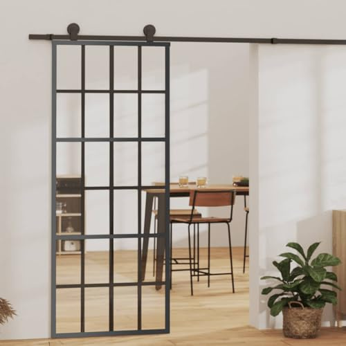 Puerta corredera, puerta corredera de vidrio templado y aluminio 76x205 cm negro sistema de puerta corredera para sala de estar baño