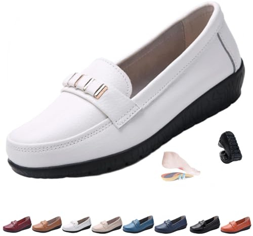 Mocassini classici da donna in pelle comodi penny, mocassini ortopedici in pelle traspirante ampia vestibilità slip-on zeppa scarpe ufficio business walking mocassini, bianco, 34.5 EU