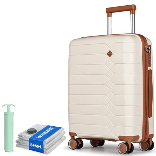 Tavoxda Cabin Suitcase Lightweight PP Hard Shell 20 Inch Carry-On Luggage | Small ABS Suitcase with Durable 4 Spinner Wheels, 55x40x20 Approved for Ryanair, EasyJet, Travel Luggage for Men, Women-Beige