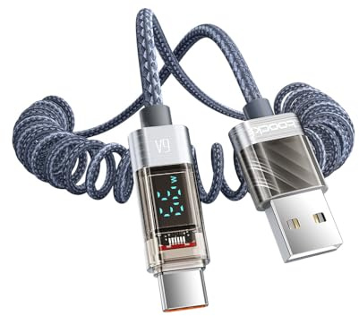 toocki USB C-kabel 6A supersnabbladdning 1,8 m, stretchig laddningskabel LED effektdisplay, hög ström spiralkabel för Galaxy S24/S23/S22/Huawei P40/Mate 30/Xiao-mi, för bil och hem
