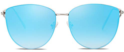 SOJOS Retro Runde Katzenaugen Sonnenbrille Mirrored Metall Flach Linsen SJ1085 mit Silber Rahmen/Blau Linse