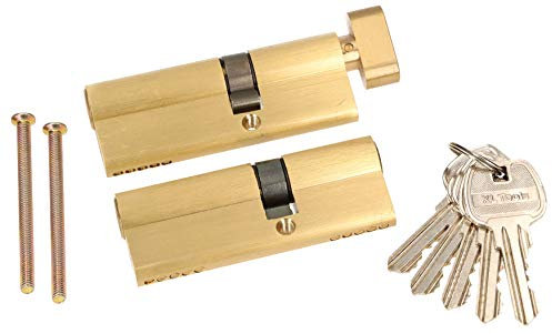 KOTARBAU® Juego de 2 Cilindros de seguridad 50x35 mm, 5 Llaves, Bombín para cerradura, Cilindro de Latón para Puertas Interiores y Exteriores, Bombín con doble llave + Bombín con pomo, 2 uds