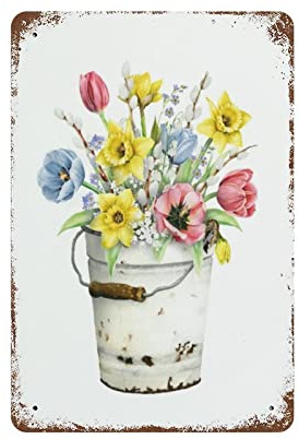 VIOFLOW Daffodil Floral Bouquet Farmhouse Metal Tin Sign Spring Flowers Wall Decor Funny Decoration for Home Kitchen Bar Garage Vintage Retro Poster Plaque Tin Signs 8X12 Inches