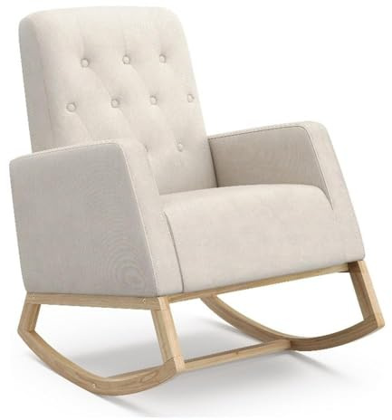 Storkcraft Northern Lights Premium Upholstered Nursery Rocking Chair (Ivory with Natural) – Stylish & Supportive Nursery Chair with Natural Wood Rocker Base, Premium Button Tufting for Classic Style