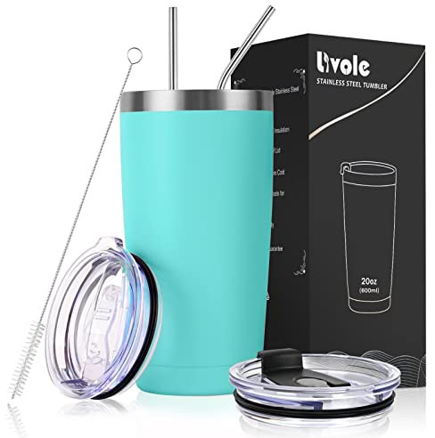 Livole Thermobecher 20oz 600ml für Männer, Frauen, Autobecher, Kaffeebecher to go, Edelstahl Becher mit Strohhalm und Deckel, Doppelwandig Vakuum Trinkbecher, Camping Becher Tasse für Kaffee, Türkis