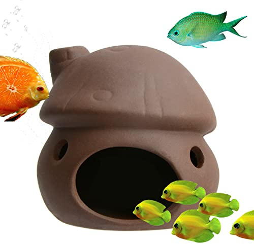 Mairuker Ceramic Mushroom House Aquarium Decorations, Cichlid Caves Gold Fish House for Betta Goldfishes Cichlid to Rest, Breed, Hiding, Fish Tank Accessories - Brown