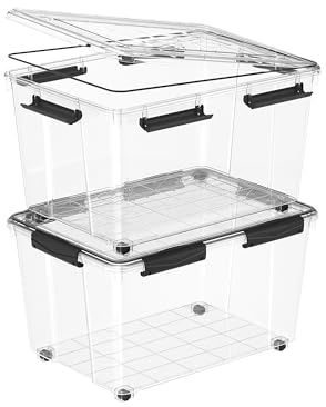 Cetomo 55L*2 Scatole ermetiche in plastica con guarnizione sigillo, ruote, coperchio, junta silicone, per garage/esterno, coperte/abiti, impermeabili, superponibili, PP trasparente, 55L (2 pezzi)