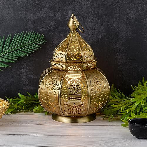 Marrakesch Lampe und Laterne in einem aus Metall 30 cm groß | Tischlampe Windlicht Mahana Gold als Orientalische Dekoration