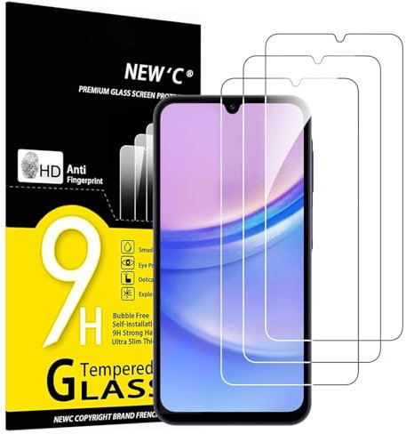 NEW'C 3 Piezas, Protector Pantalla para Samsung Galaxy A15 5G/4G, Cristal templado Antiarañazos, Antihuellas, Sin Burbujas, Dureza 9H, 0.33 mm Ultra Transparente, Ultra Resistente