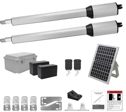 X X-HOUSE C05 Automatic Gate Opener with Solar Panel & Batteries for Light to Medium Duty Dual Swing Gates Up to 770lb per Arm Electric Gate Opener with 2 Remotes Complete Kit Solar Powered
