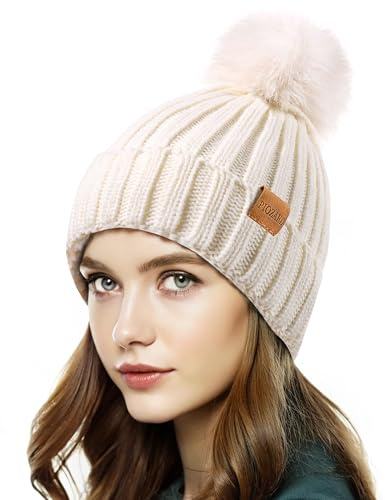 PIOZAED Womens Winter Beanie Hat Fleece Lined Warm Skull Cap with Faux Fur Pom Cuff Knitted Hat for Women White