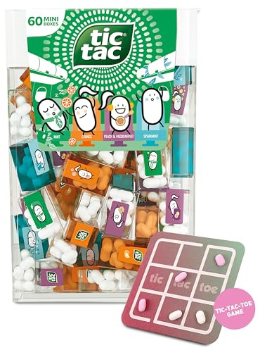 TicTacToe Travels Set de voyage - 60 mini-boîtes de 3,8 g, aux goûts variés, avec jeu TicTacToe - Mini bonbons, idéal pour les anniversaires d'enfants, cadeaux d'accompagnement & publicitaires