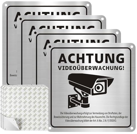 4 STK Videoüberwachung Schild, 15x15cm Warnschild Hinweisschild Videoüberwachung, Privatgrundstück Schilder Aluminium Achtung Schild Videoüberwachung mit 4 Bohrlöcher