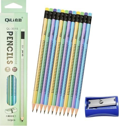 HB-Bleistifte,12 HB-Bleistifte mit Radiergummi und Bleistiftspitzer,vorgespitzte dreieckige Bleistifte,rutschfestes Design Ideal für das Schreiben und Zeichnen von Kindern in der Schule und zu Haus