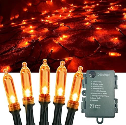 Catena luminosa di 100 luci a LED colore arancione a batteria impermeabile IP44 con controller 8 giochi luce vintage 10 MT decorazioni Natale albero halloween finestre giardino esterno interno
