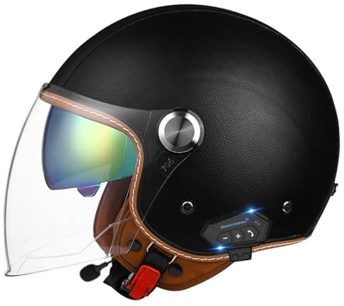 VVPEC Bluetooth Casque Moto Jet Vintage 3/4 Casque Moto avec Double Visière pour Scooter Chopper, Casque de Moto Demi-Jet Homme et Femme, ECEDOT Homologué(27,L(59~60CM))