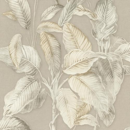 Boho Palm Leaf Textured Fabric Effect Vinyl Wallpaper Perfect for Bedrooms Living Rooms or Stunning Feature Walls in Neutral Rasch 571455